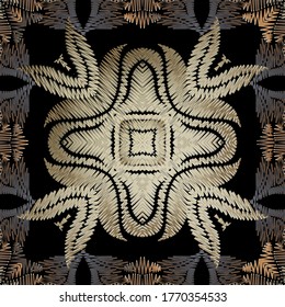 Vector floral de bordado sin fisuras. Ornamentos barrocos. Borde de fondo. Papel tapiz. Flores de bordado, hojas, marcos, bordes. Textura de gobelina bordada. Diseño de zag en zig texturizado.