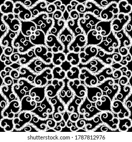 Embroidery floral vector seamless pattern. Line art grunge hand drawn flowers. Tapestry vintage lacy ornament. Embroidered flowers with leaves, swirls and lines. Ornate black and white textured background.