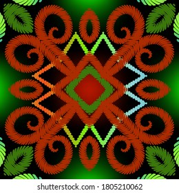 Vector floral de bordado sin fisuras. Ornamentos de estilo étnico texturados. Fondo colorido y brillante. Papel tapiz. Flores de grano de bordado, hojas. Textura bordada.  Efecto de ajuste.