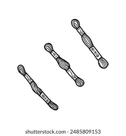 Embroidery Floss Mulin Threads. Hand drawn Vector illustration of Mulin skeins for Needlework. Illustration in doodle style, isolated on white background. Perfect for Crafting and Hobby projects. For