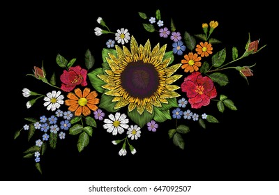 Embroidery flower bouquet sunflower dog rose briar daisy forget-me-not gerbera. Blooming field plant arrangement. Fashion patch stitch textile print on black background vector illustration art