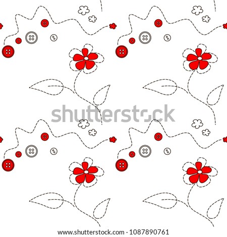 Embroidery flower and buttoms. Vector seamless pattern 