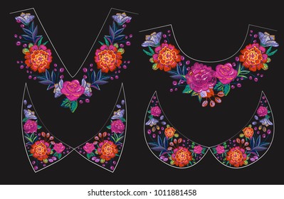 Embroidery flower collars v-neck and round neck line patch for t-shirt design. Floral print for textile and fabric vintage tribal illustration isolated on black background