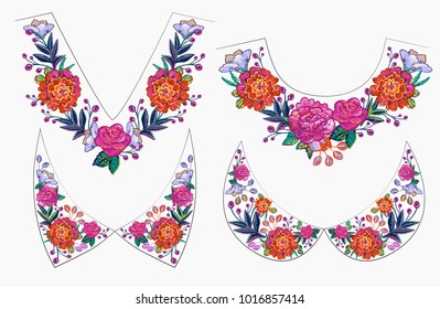 Embroidery flower collars v-neck and round neck line patch for t-shirt design. Floral print for textile and fabric vintage tribal illustration isolated on white background
