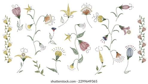 Embroidery flower collection. Floral hand drawn set. Traditional vector design. Artistic fashion elements: plants, bloom flowers, branches with leaves. Vector illustration for print, fabric, textile