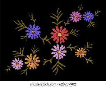 Embroidery flower daisy gerbera herb sticker patch fashion print textile vector illustration. Colorful vintage ornament art