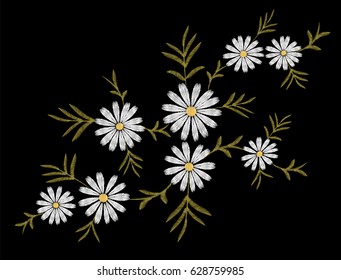 Embroidery flower daisy gerbera herb sticker patch fashion print textile vector illustration. White delicate vintage ornament art