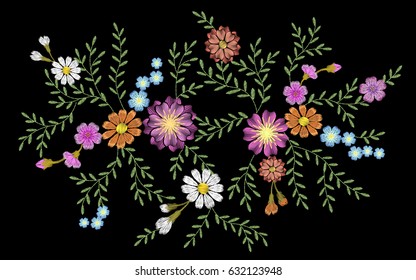 Embroidery flower daisy gerbera herb sticker patch fashion print textile vector illustration