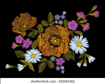 Embroidery flower orange poppy daisy gerbera herb sticker patch fashion print textile vector illustration art