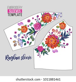 Embroidery flower raglan sleeve neck line patch for t-shirt design. Floral print for textile and fabric vintage tribal illustration isolated on white background