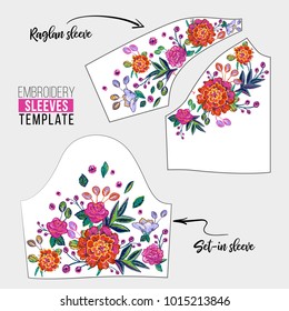 Embroidery flower raglan sleeve and set-in sleeve neck line patch for t-shirt design. Floral print for textile and fabric vintage tribal illustration isolated on white background
