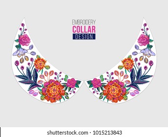 Cuello redondo de la flor del bordado y parche de la línea del cuello para el diseño de la camiseta. Impresión floral para la ilustración tribal de la vendimia de la materia textil y de la tela aislada sobre fondo blanco