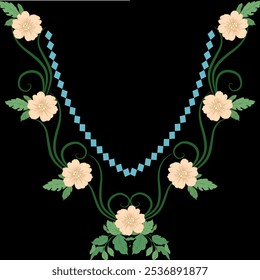 Embroidery flower round neck line patch composition for t-shirt design. Floral print for textile and fabric vintage tribal illustration isolated on black background.