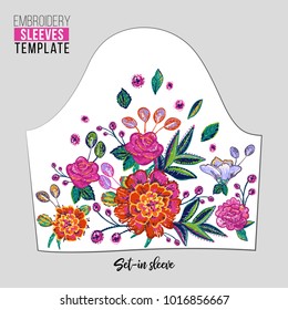 Embroidery flower set-in sleeve neck line patch for t-shirt design. Floral print for textile and fabric vintage tribal illustration isolated on white background