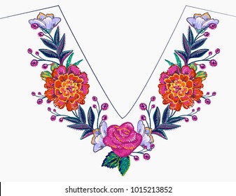 Embroidery flower v-neck line patch composition for t-shirt design. Floral print for textile and fabric vintage tribal illustration isolated on white background