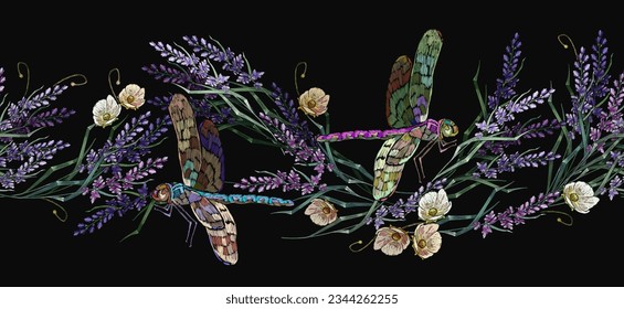 Embroidery. Flowering lavender, apple flowers and colorful dragonflies. Horizontal seamless pattern. Spring floral art. Fashion template for clothes, t-shirt design