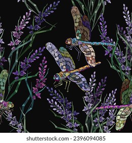 Embroidery. Flowering lavender, and colorful dragonflies. Seamless pattern. Spring floral art. Fashion template for clothes, t-shirt design