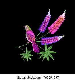 Embroidery flowers and bird vector illustration.