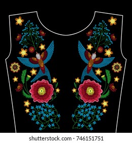 Embroidery flowers birds for neckline. Vector fashion ornament on black background for textile, fabric traditional folk decoration.