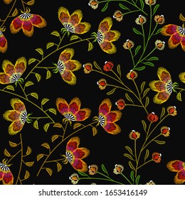 Embroidery flowers. Botanical art. Summer garden style. Fashion template for design of clothes, tapestry 