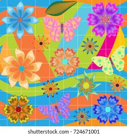 Embroidery of flowers and butterflies for print on shirts. The embroidered ornament from flower patterns on a bright background for clothes elements, pockets and aprons