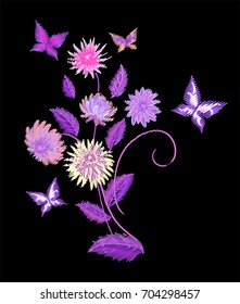 Embroidery flowers and butterfly vector background.