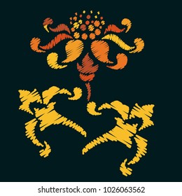 Embroidery. Flowers in a Decorative Style. Vector illustration.