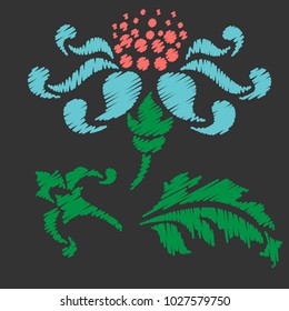 Embroidery. Flowers in a Decorative Style. Vector illustration.