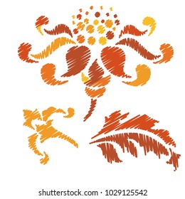 Embroidery. Flowers in a Decorative Style. Vector illustration.