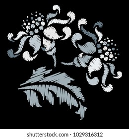 Embroidery. Flowers in a Decorative Style. Vector illustration.
