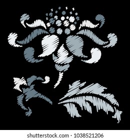 Embroidery. Flowers in a Decorative Style. Vector illustration.