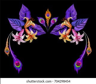 Embroidery with flowers and feathers on black background.