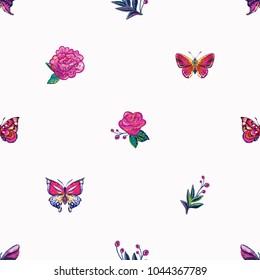 Embroidery flowers, floral twigs, bugs, tropical butterflies patch. Fashion patches with summer wild nature illustration embroideries. Seamless pattern backdrop. Traditional art on white background.