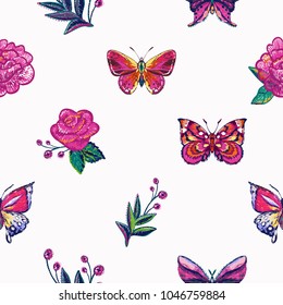 Embroidery flowers, floral twigs, bugs, tropical butterflies patch. Fashion patches with summer wild nature illustration embroideries. Seamless pattern backdrop. Traditional art on white background.