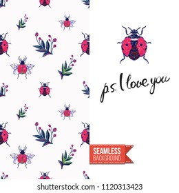Embroidery flowers and insects greeting card. Salutation card decorated by seamless pattern with embroidered flower, insect bug. Positive motivation text: ps i love you. Stitched fabric style.