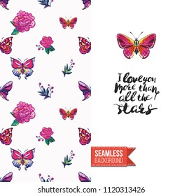 Embroidery flowers and insects greeting card. Salutation card decorated by seamless pattern with embroidered flower, insect bug. Positive motivation text: i love you more than all the stars.