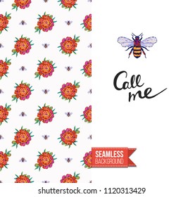 Embroidery flowers and insects greeting card. Salutation card decorated by seamless pattern with embroidered flower, insect bug. Positive motivation text: call me. Stitched fabric style.