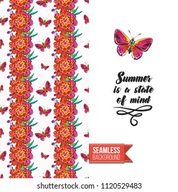 Embroidery flowers and insects greeting card. Salutation card decorated by seamless pattern with embroidered flower, insect bug. Positive motivation text: summer is a state of mind.