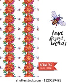 Embroidery flowers and insects greeting card. Salutation card decorated by seamless pattern with embroidered flower, insect bug. Positive motivation text: love beyond words. Stitched fabric style.