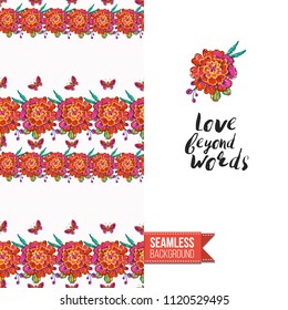 Embroidery flowers and insects greeting card. Salutation card decorated by seamless pattern with embroidered flower, insect bug. Positive motivation text: love beyond words. Stitched fabric style.