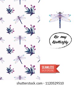 Embroidery flowers and insects greeting card. Salutation card decorated by seamless pattern with embroidered flower, insect bug. Positive motivation text: be my butterfly. Stitched fabric style.