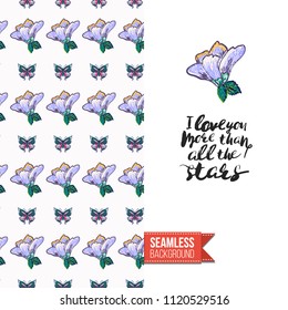 Embroidery flowers and insects greeting card. Salutation card decorated by seamless pattern with embroidered flower, insect bug. Positive motivation text: i love you more than all the stars.