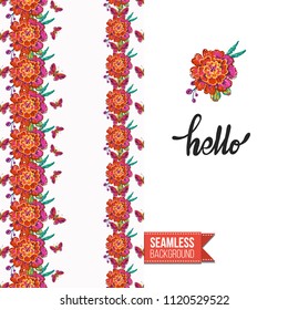 Embroidery flowers and insects greeting card. Salutation card decorated by seamless pattern with embroidered flower, insect bug. Positive motivation text: hello. Stitched fabric style.