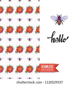 Embroidery flowers and insects greeting card. Salutation card decorated by seamless pattern with embroidered flower, insect bug. Positive motivation text: hello. Stitched fabric style.