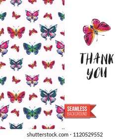 Embroidery flowers and insects greeting card. Salutation card decorated by seamless pattern with embroidered flower, insect bug. Positive motivation text: thank you. Stitched fabric style.