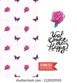 Embroidery flowers and insects greeting card. Salutation card decorated by seamless pattern with embroidered flower, insect bug. Positive motivation text: you make me happy. Stitched fabric style.