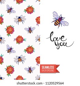 Embroidery flowers and insects greeting card. Salutation card decorated by seamless pattern with embroidered flower, insect bug. Positive motivation text: love you. Stitched fabric style.
