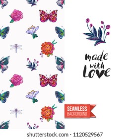 Embroidery flowers and insects greeting card. Salutation card decorated by seamless pattern with embroidered flower, insect bug. Positive motivation text: made with love. Stitched fabric style.
