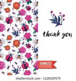 Embroidery flowers and insects greeting card. Salutation card decorated by seamless pattern with embroidered flower, insect bug. Positive motivation text: thank you. Stitched fabric style.