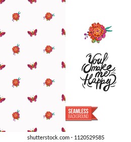Embroidery flowers and insects greeting card. Salutation card decorated by seamless pattern with embroidered flower, insect bug. Positive motivation text: you make me happy. Stitched fabric style.